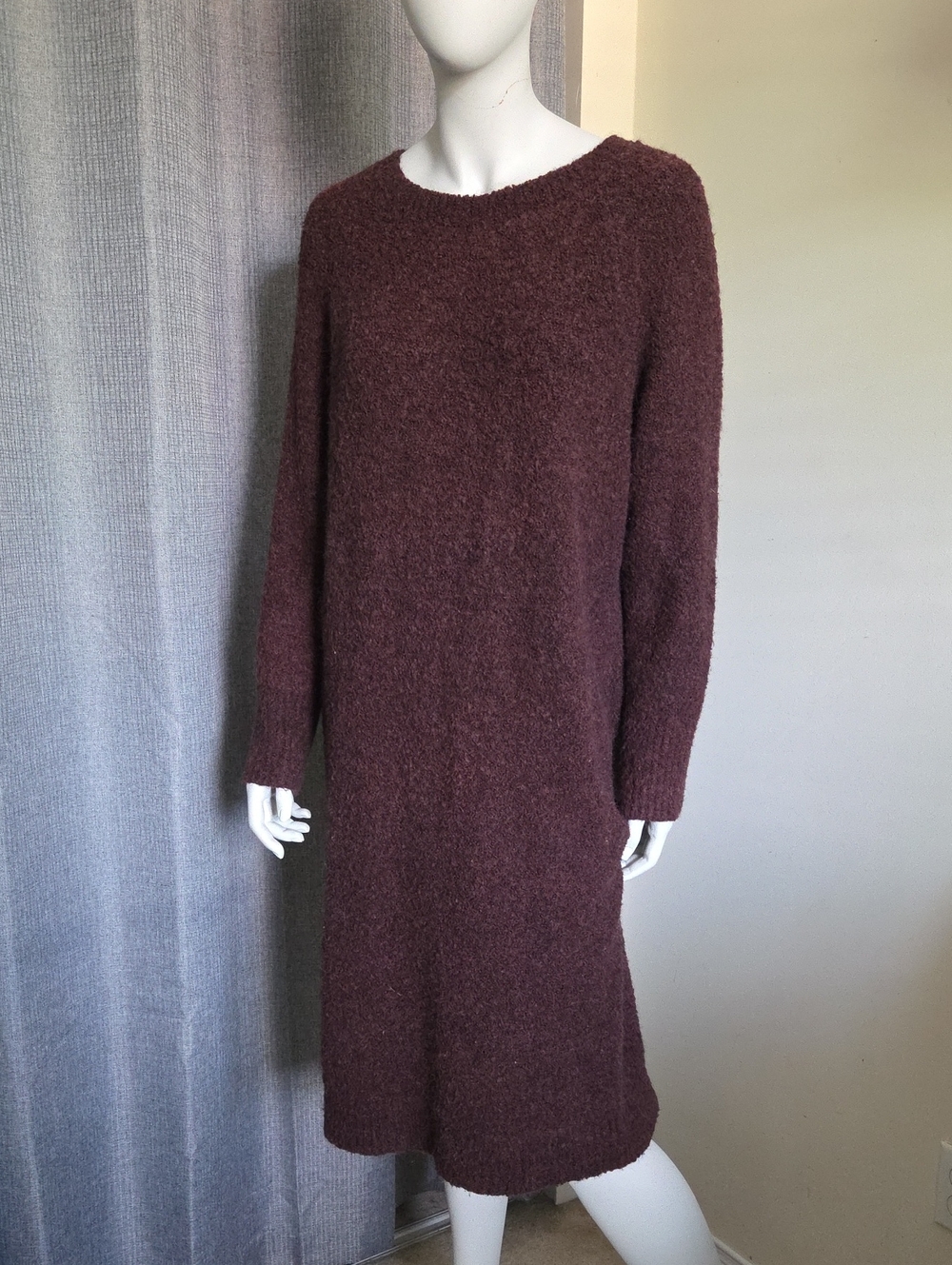 Uniqlo Deep Burgundy Long-Sleeve Bouclé Knit Sweater Dress